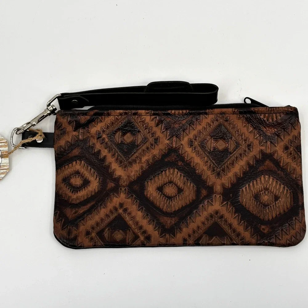 Hide Junkie Wristlet Women Brown Aztec Tooled Leather Zip Clutch Made in USA